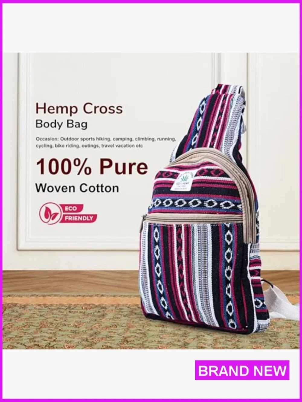 Hemp Small Backpack Daypack Crossbody Shoulder Bag Adjustable Strap Lightweight